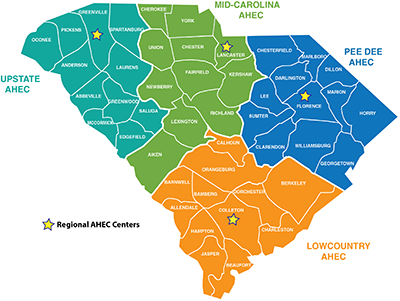 AHEC Map: Four regional centers: Lowcountry AHEC in Walterboro, Mid-Carolina AHEC in Lancaster, Pee Dee AHEC in Florence and Upstate AHEC in Greenville. Lowcountry AHEC serves Allendale, Bamberg, Barnwell, Beaufort, Berkeley, Calhoun, Charleston, Colleton, Dorchester, Hampton, Jasper, and Orangeburg counties. Mid-Carolina AHEC serves Aiken, Cherokee, Chester, Fairfield, Kershaw, Lancaster, Lexington, Newberry, Richland, Union, and York counties. Pee Dee AHEC serves Chesterfield, Clarendon, Darlington, Dillon, Florence, Georgetown, Horry, Lee, Marion, Marlboro, Sumter, and Williamsburg counties. Upstate AHEC serves Abbeville, Anderson, Edgefield, Greenville, Greenwood, Laurens, McCormick, Oconee, Pickens, Saluda, and Spartanburg counties.