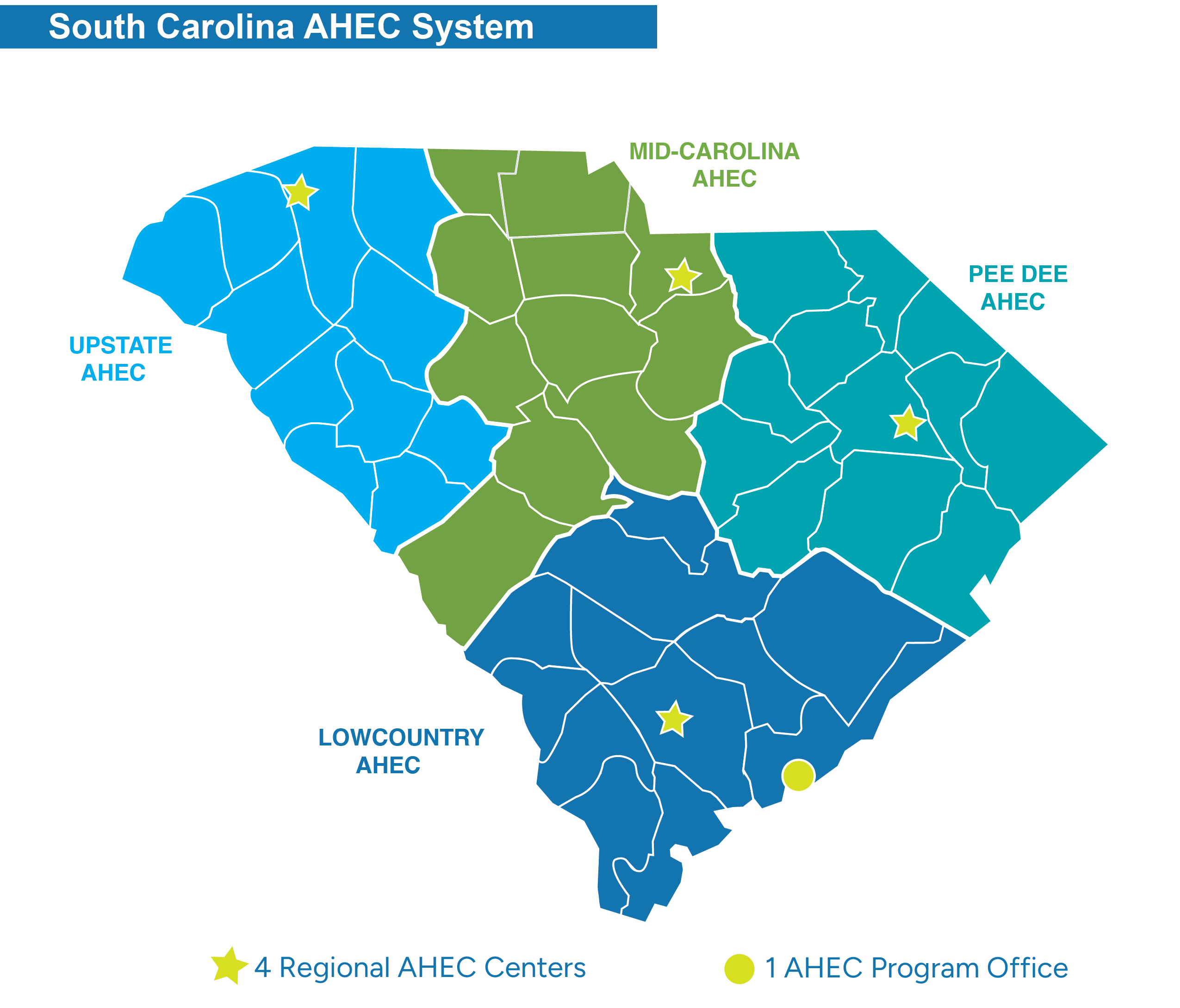 AHEC Map: Four regional centers: Lowcountry AHEC in Walterboro, Mid-Carolina AHEC in Lancaster, Pee Dee AHEC in Florence and Upstate AHEC in Greenville. The Program Office is lcoated in Charleston.