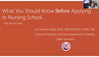 A webinar screenshot with a title slide entitled: What You Should Know Before Applying to Nursing School.