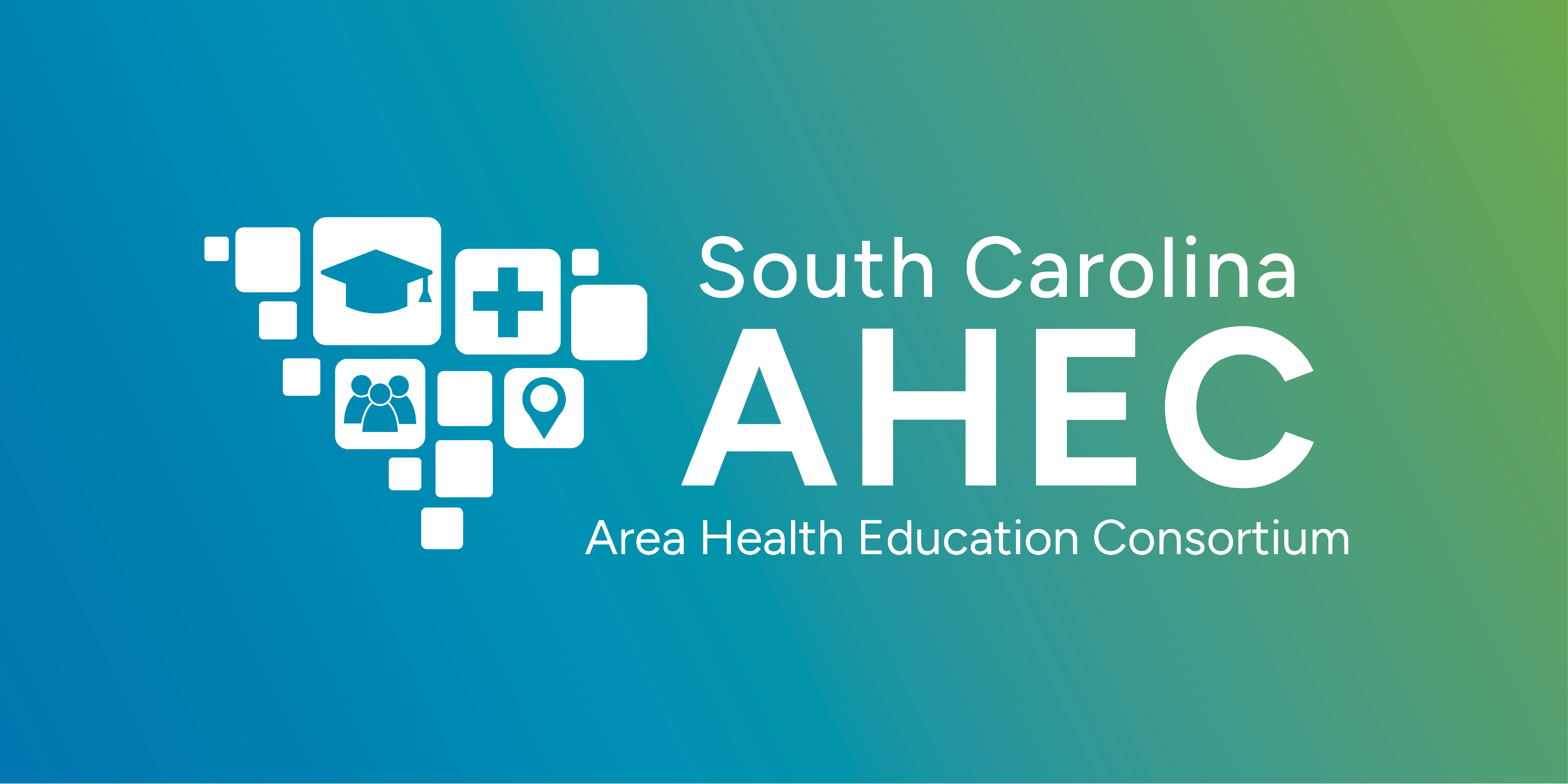the new SC AHEC logo in white over a green and blue gradient background