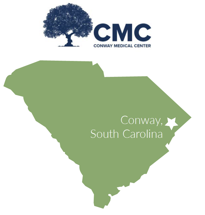 South Carolina map with Conway near the northeast coast of state
