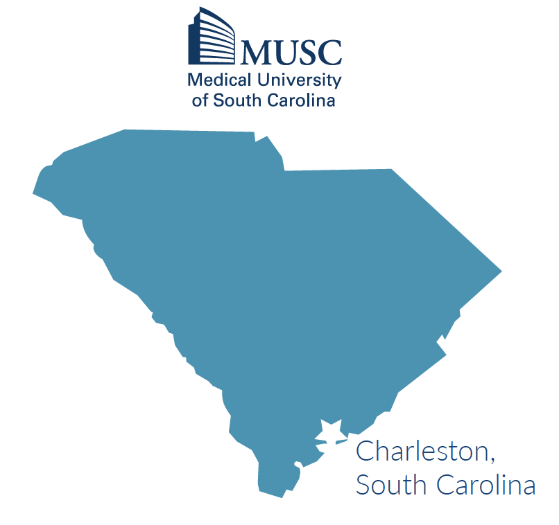 South Carolina map with Charleston located on the eastern coast of state