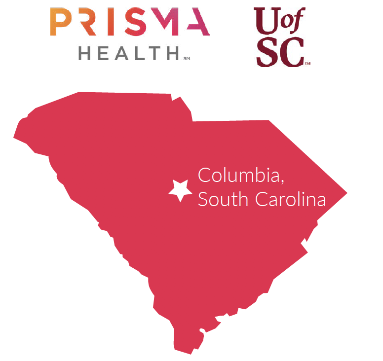 South Carolina map with Columbia located in the center of the state