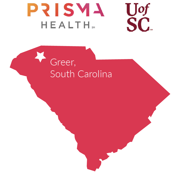 South Carolina map with Greer located in the northwest corner of the state