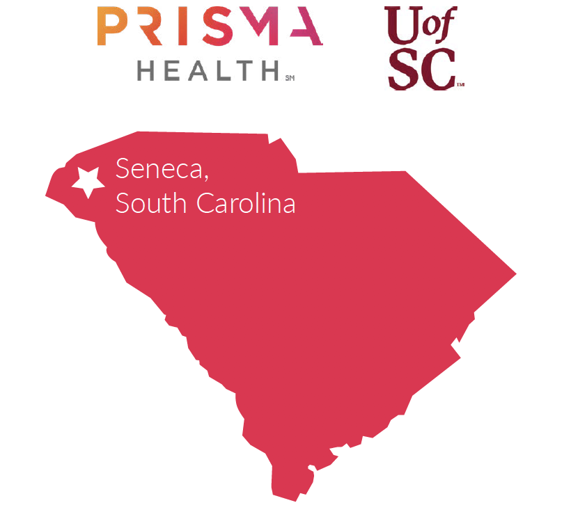 South Carolina map with Seneca located in the northwest corner of the state