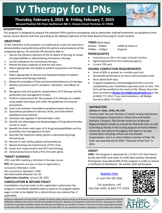 Program Details: IV Therapy for LPNs | South Carolina AHEC Learning Portal